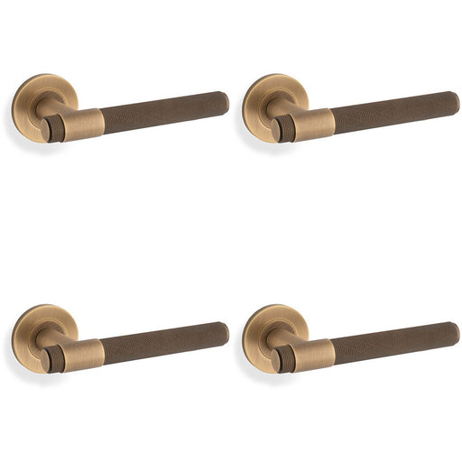 4 PACK SOLID BRASS Knurled Door Handle Set Antique Brass Bar Lever On Round Rose