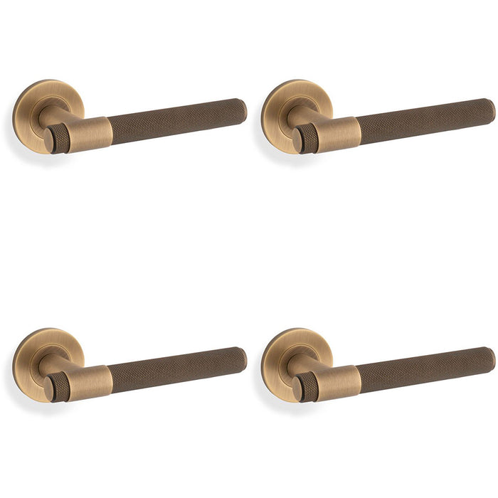 4 PACK SOLID BRASS Knurled Door Handle Set Antique Brass Bar Lever On Round Rose