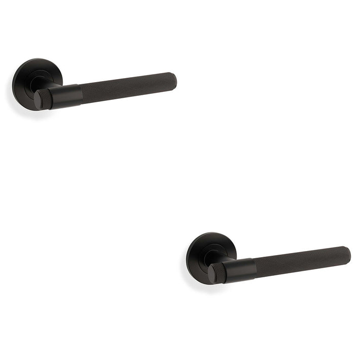 2 PACK SOLID BRASS Knurled Door Handle Set Matt Black Bar Lever On Round Rose