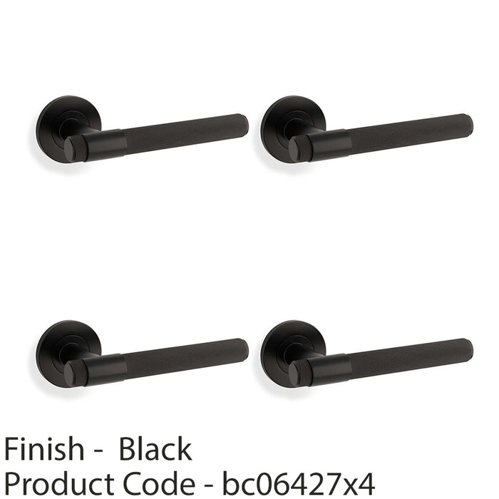 4 PACK SOLID BRASS Knurled Door Handle Set Matt Black Bar Lever On Round Rose 1