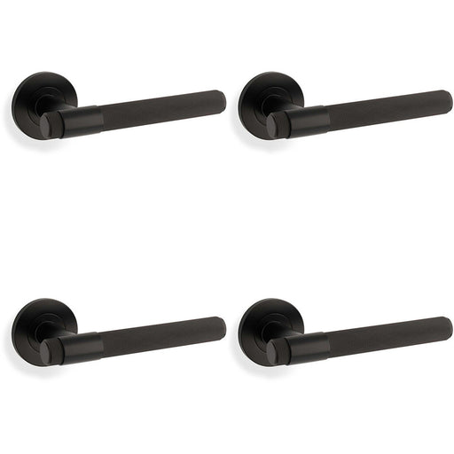 4 PACK SOLID BRASS Knurled Door Handle Set Matt Black Bar Lever On Round Rose