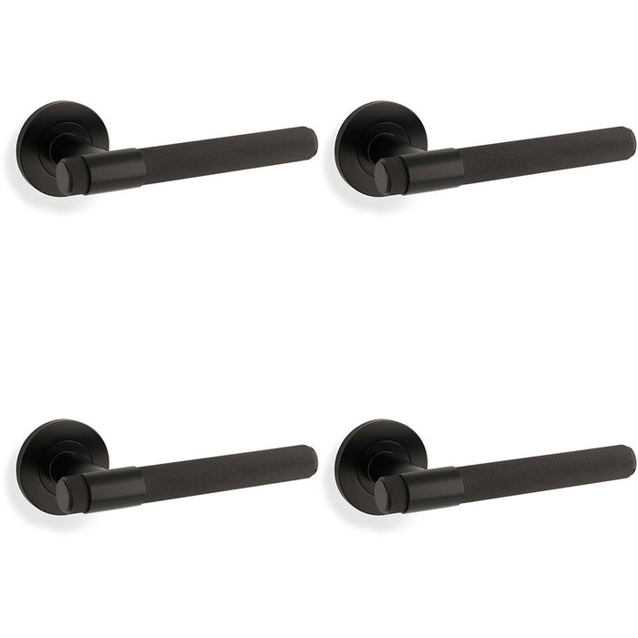 4 PACK SOLID BRASS Knurled Door Handle Set Matt Black Bar Lever On Round Rose