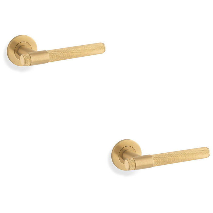 2 PACK SOLID BRASS Knurled Door Handle Set Satin Brass Bar Lever On Round Rose