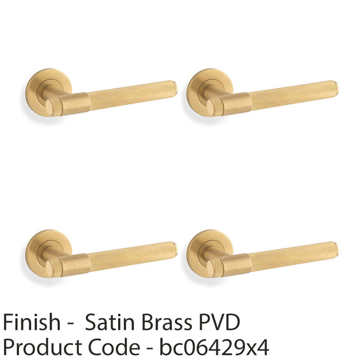 4 PACK SOLID BRASS Knurled Door Handle Set Satin Brass Bar Lever On Round Rose 1