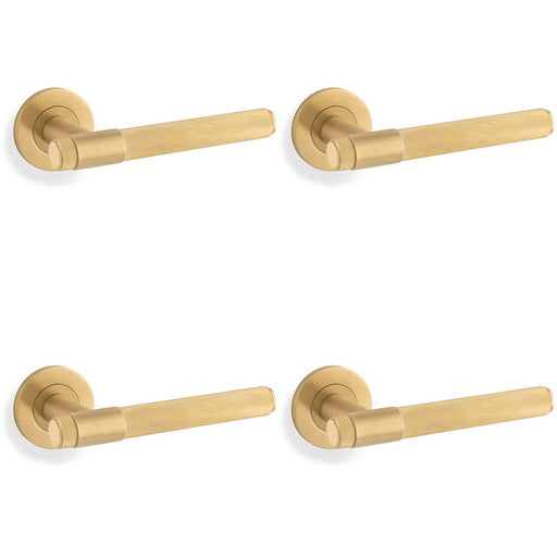 4 PACK SOLID BRASS Knurled Door Handle Set Satin Brass Bar Lever On Round Rose