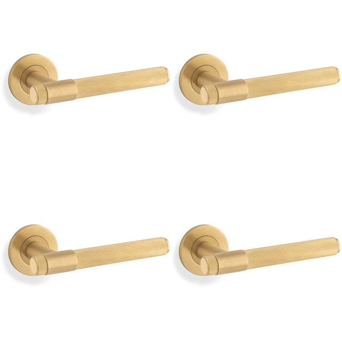 4 PACK SOLID BRASS Knurled Door Handle Set Satin Brass Bar Lever On Round Rose