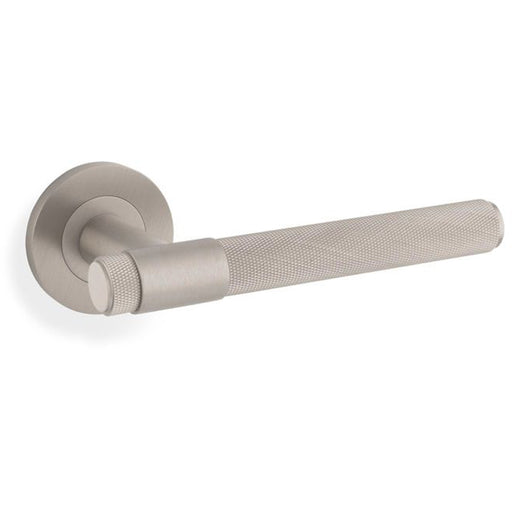 SOLID BRASS Knurled Door Handle Set - Satin Nickel Bar Lever On Round Rose