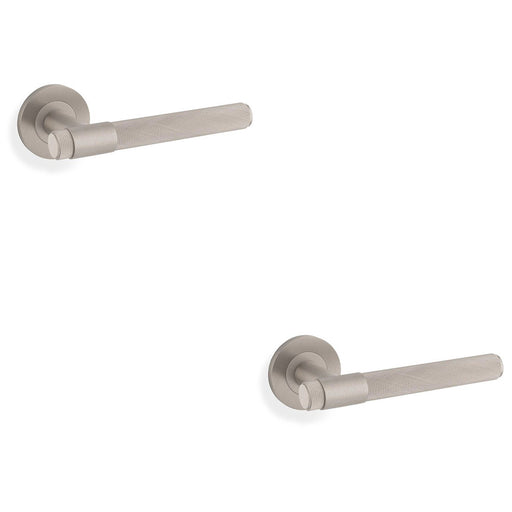 2 PACK SOLID BRASS Knurled Door Handle Set Satin Nickel Bar Lever On Round Rose