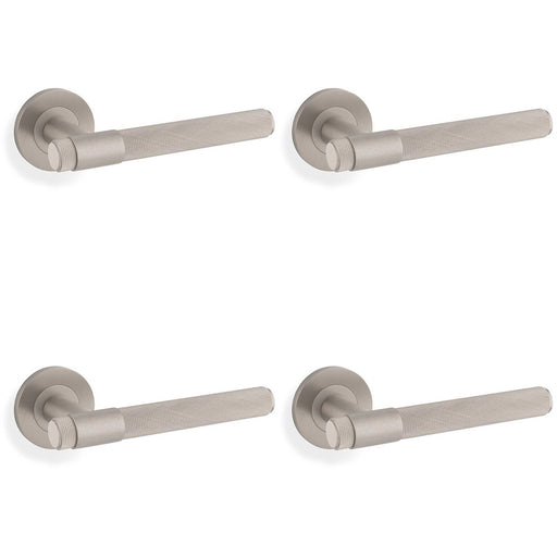 4 PACK SOLID BRASS Knurled Door Handle Set Satin Nickel Bar Lever On Round Rose