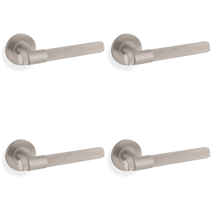 4 PACK SOLID BRASS Knurled Door Handle Set Satin Nickel Bar Lever On Round Rose