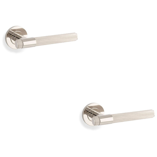 2 PACK SOLID BRASS Knurled Door Handle Set Polished Nickel Bar Lever Round Rose