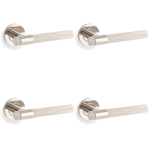 4 PACK SOLID BRASS Knurled Door Handle Set Polished Nickel Bar Lever Round Rose