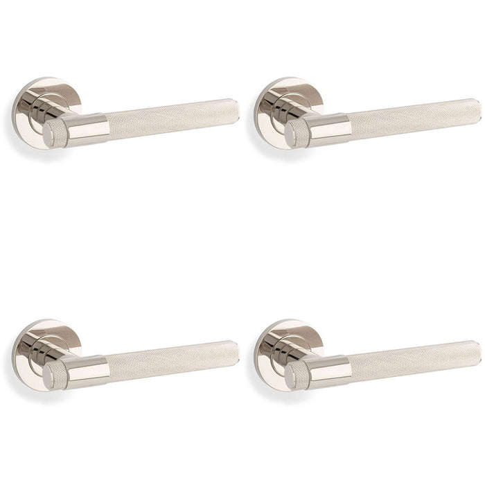 4 PACK SOLID BRASS Knurled Door Handle Set Polished Nickel Bar Lever Round Rose