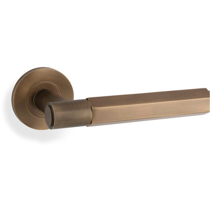 SOLID BRASS Hex Door Handle Set - Italian Brass Industrial Lever Round Rose