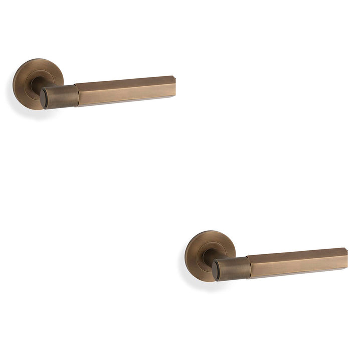 2 PACK SOLID BRASS Hex Door Handle Set Italian Brass Industrial Lever Round Rose