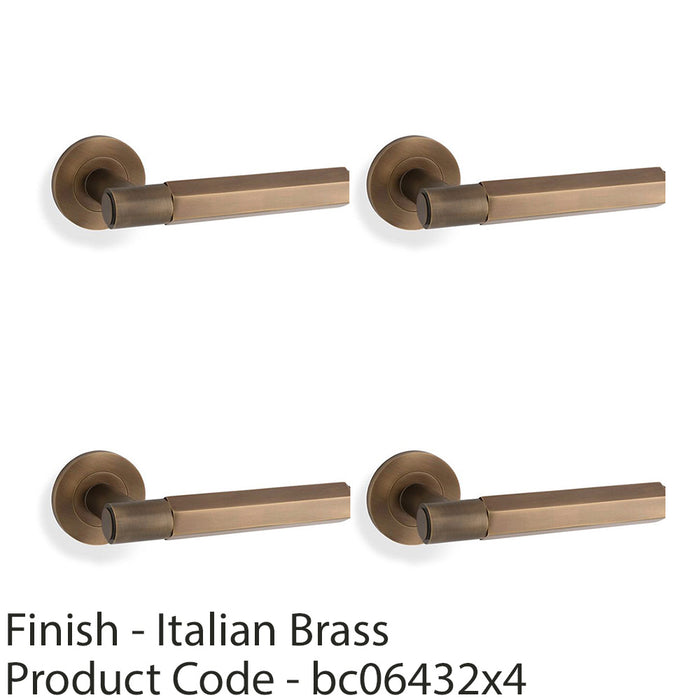 4 PACK SOLID BRASS Hex Door Handle Set Italian Brass Industrial Lever Round Rose 1