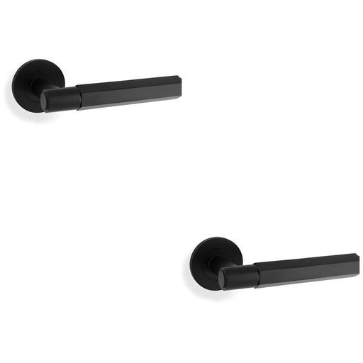 2 PACK SOLID BRASS Hex Door Handle Set Matt Black Industrial Lever Round Rose