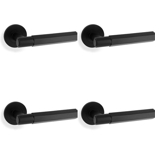 4 PACK SOLID BRASS Hex Door Handle Set Matt Black Industrial Lever Round Rose