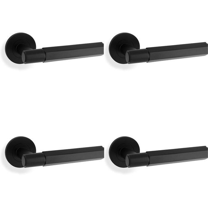 4 PACK SOLID BRASS Hex Door Handle Set Matt Black Industrial Lever Round Rose