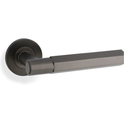 SOLID BRASS Hex Door Handle Set - Dark Bronze Industrial Lever Round Rose