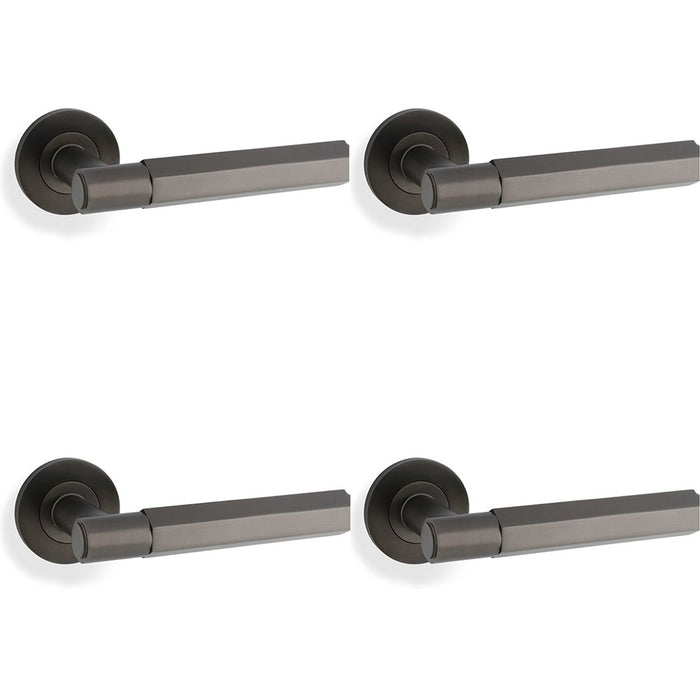 4 PACK SOLID BRASS Hex Door Handle Set Dark Bronze Industrial Lever Round Rose