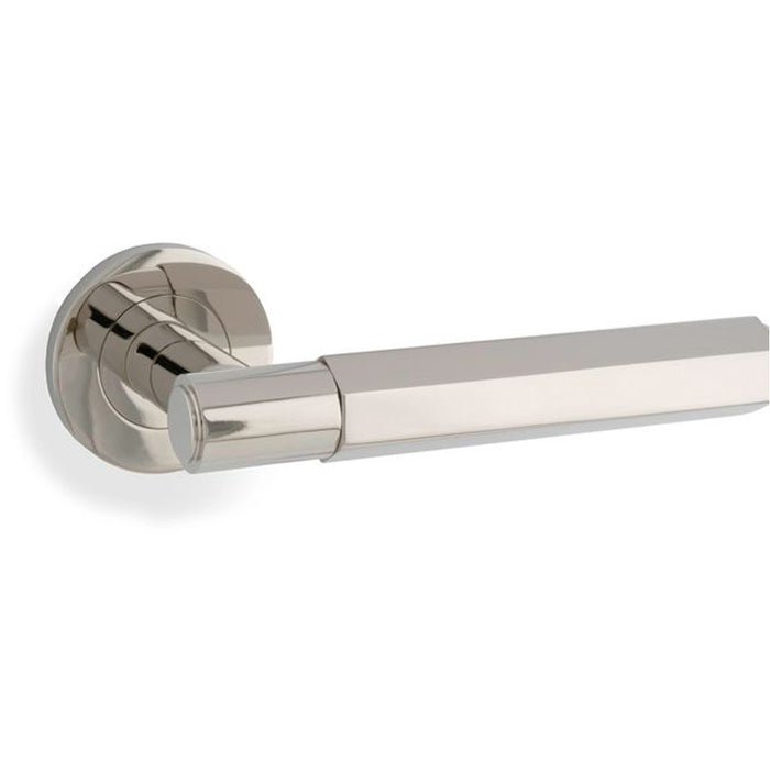 SOLID BRASS Hex Door Handle Set - Polished Nickel Industrial Lever Round Rose