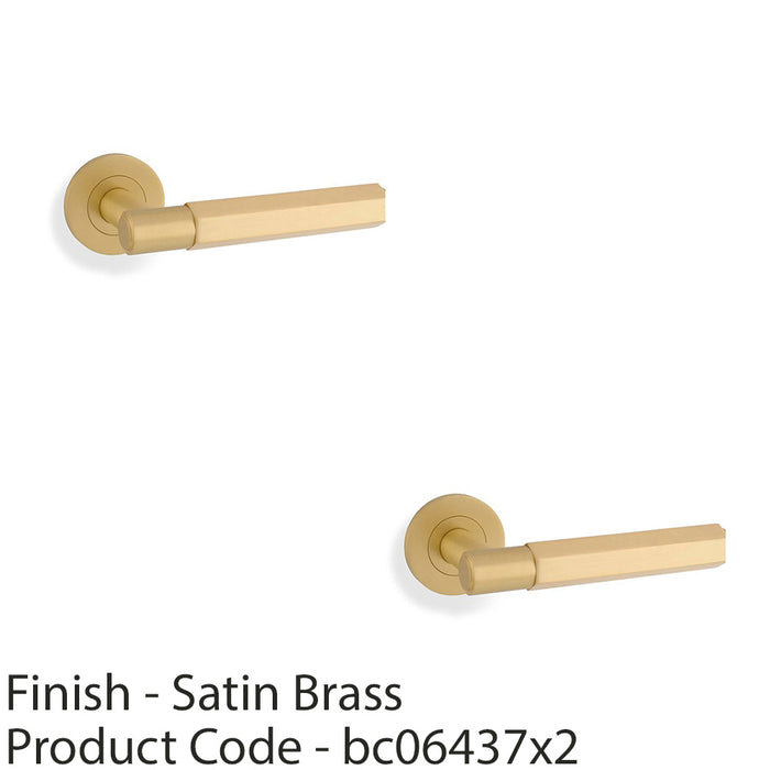 2 PACK SOLID BRASS Hex Door Handle Set Satin Brass Industrial Lever Round Rose 1