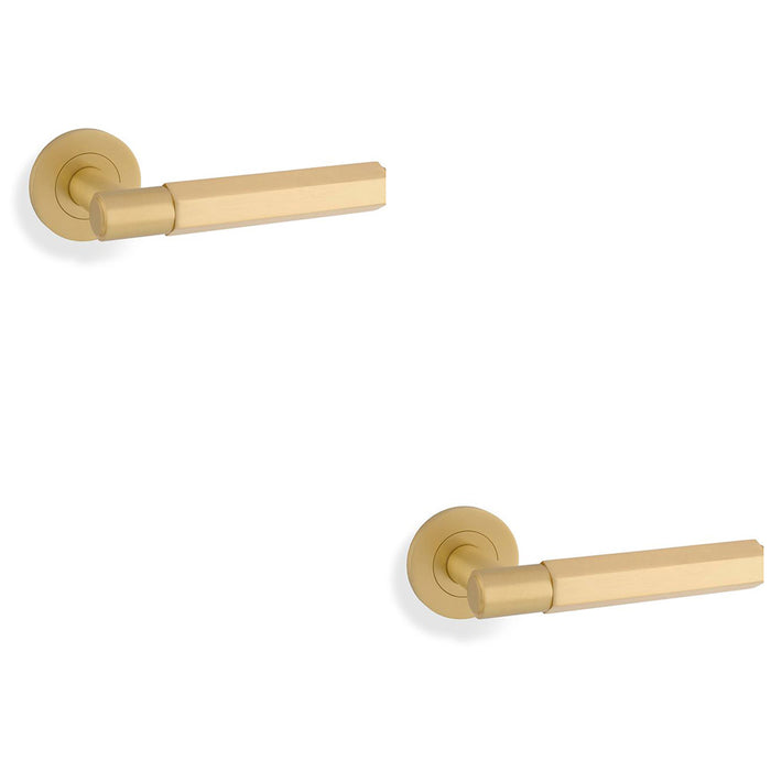 2 PACK SOLID BRASS Hex Door Handle Set Satin Brass Industrial Lever Round Rose