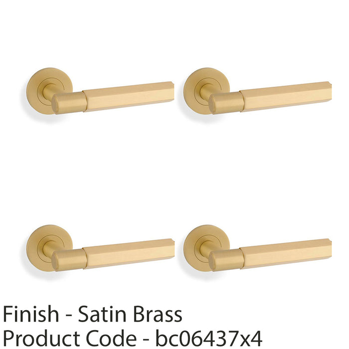 4 PACK SOLID BRASS Hex Door Handle Set Satin Brass Industrial Lever Round Rose 1