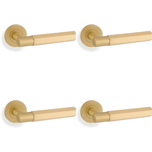 4 PACK SOLID BRASS Hex Door Handle Set Satin Brass Industrial Lever Round Rose