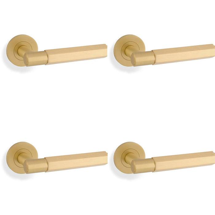 4 PACK SOLID BRASS Hex Door Handle Set Satin Brass Industrial Lever Round Rose