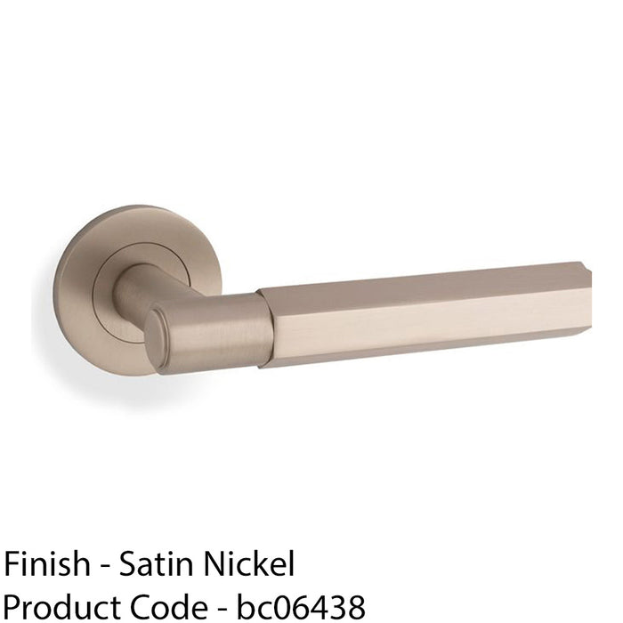 SOLID BRASS Hex Door Handle Set - Satin Nickel Industrial Lever Round Rose 1