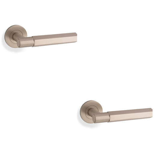 2 PACK SOLID BRASS Hex Door Handle Set Satin Nickel Industrial Lever Round Rose