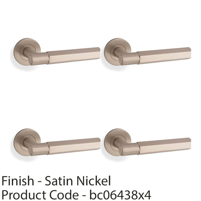 4 PACK SOLID BRASS Hex Door Handle Set Satin Nickel Industrial Lever Round Rose 1