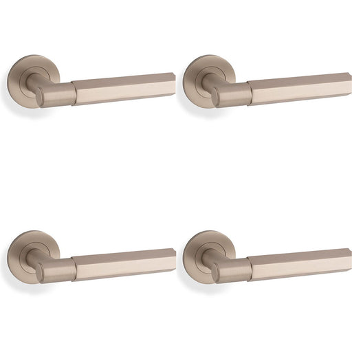 4 PACK SOLID BRASS Hex Door Handle Set Satin Nickel Industrial Lever Round Rose