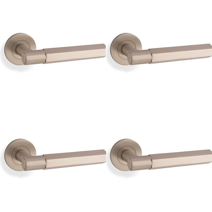 4 PACK SOLID BRASS Hex Door Handle Set Satin Nickel Industrial Lever Round Rose