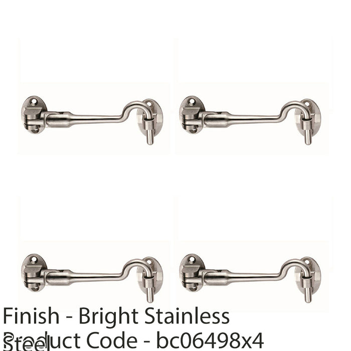 4 PACK Silent Pattern Cabin Hook & Eye Bright Stainless Steel 100mm Arm Hatch 1