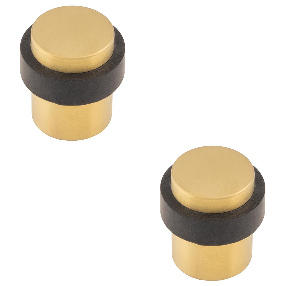 2x Rubber Tip Pedestall Floor Mounted Doorstop Satin Brass 35mm Dia Round Door