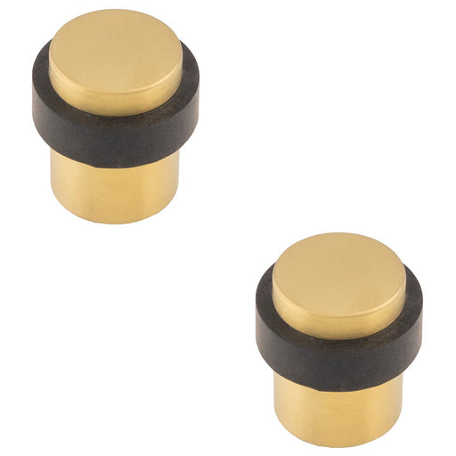 2x Rubber Tip Pedestall Floor Mounted Doorstop Satin Brass 35mm Dia Round Door