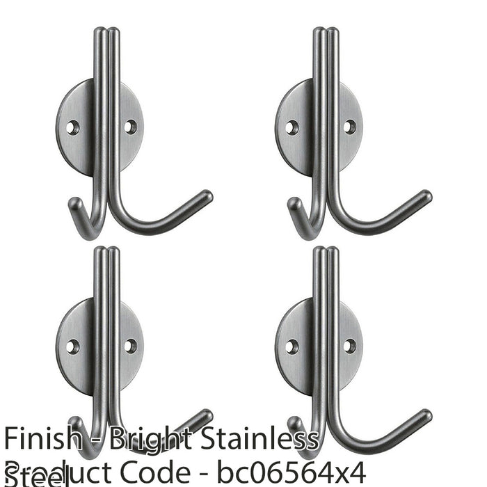 4 PACK Slimline Double Coat Hook On Round Rose 35mm Proj Bright Stainless Steel 1