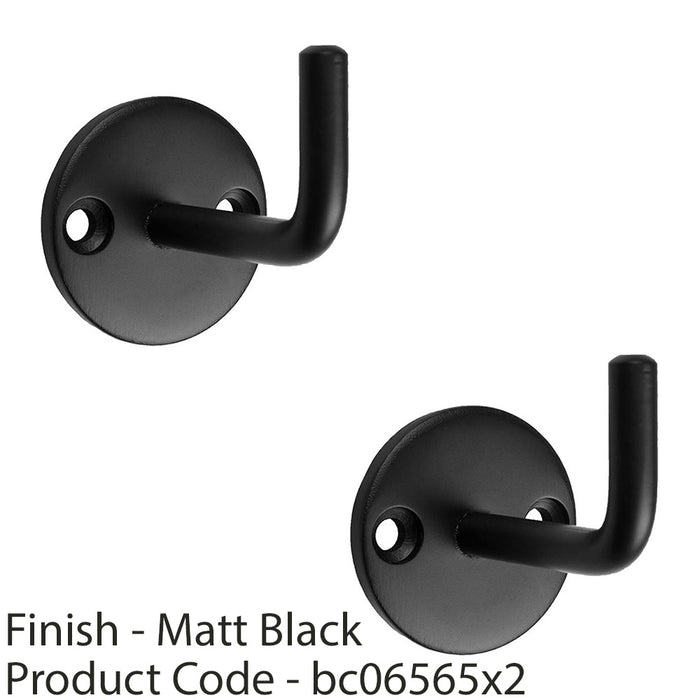 2 PACK Slimline Single Coat Hook On Round Rose 45mm Projection Matt Black 1