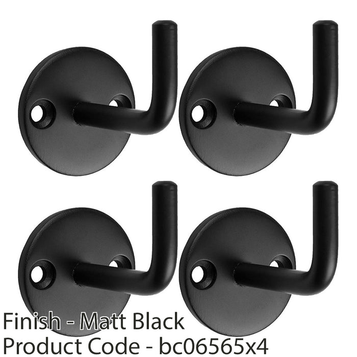 4 PACK Slimline Single Coat Hook On Round Rose 45mm Projection Matt Black 1