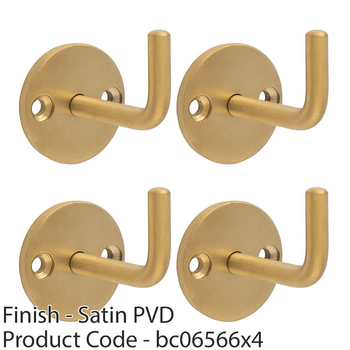 4 PACK Slimline Single Coat Hook On Round Rose 45mm Projection Satin Brass PVD 1