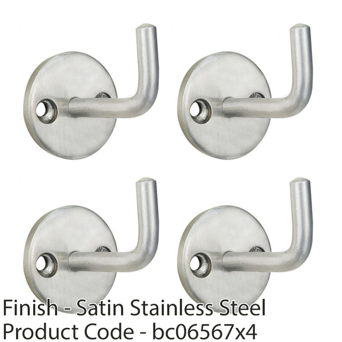 4 PACK Slimline Single Coat Hook On Round Rose 45mm Proj Satin Stainless Steel 1