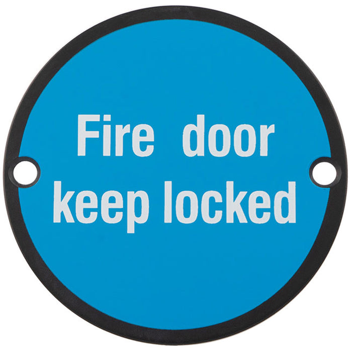 Fire Door Keep Locked Sign 64mm Fixing Centres 76mm Dia Matt Black