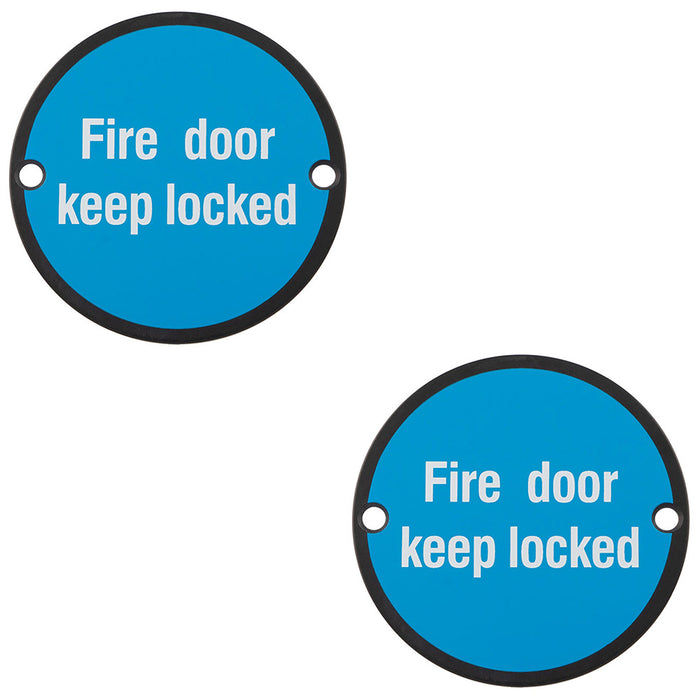 2 PACK Fire Door Keep Locked Sign 64mm Fixing Centres 76mm Dia Matt Black