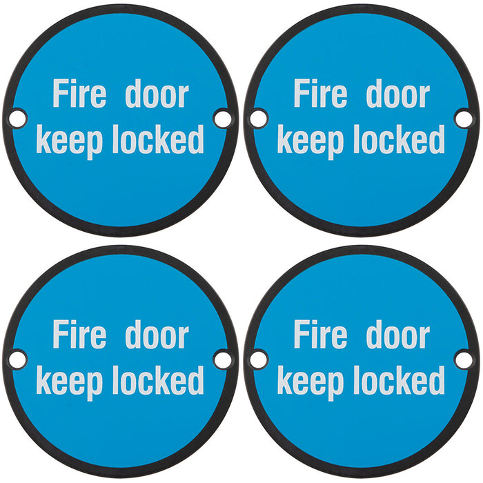 4 PACK Fire Door Keep Locked Sign 64mm Fixing Centres 76mm Dia Matt Black