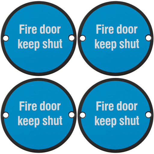 4 PACK Fire Door Keep Shut Sign 64mm Fixing Centres 76mm Dia Matt Black