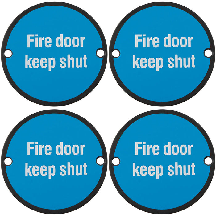 4 PACK Fire Door Keep Shut Sign 64mm Fixing Centres 76mm Dia Matt Black