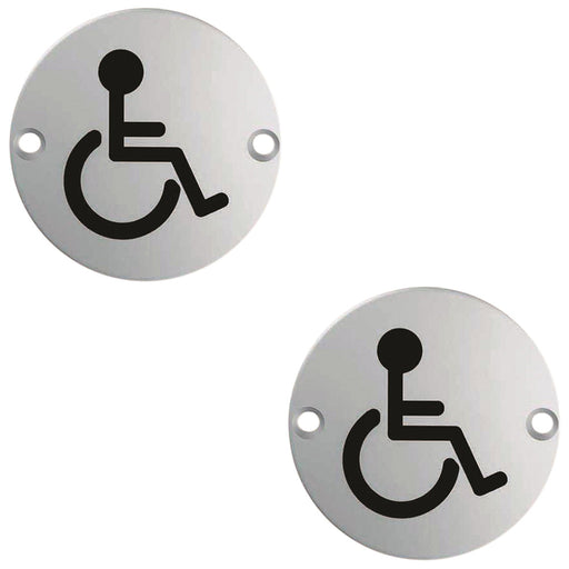 2 PACK Bathroom Door Disabled Symbol Sign 64mm Centres 76mm Dia Satin Steel